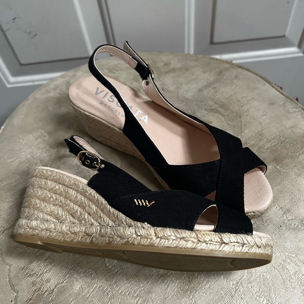 Viscata Barcelona Black Espadrille Wedge Open toe Slingback Espadrille Wedge - Picture 5 of 14